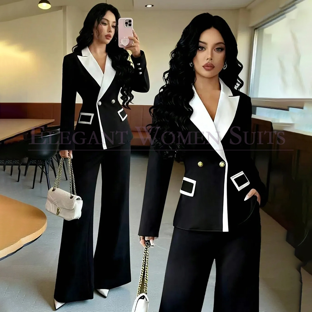 Double Breasted Blazer - Luxury Black Women's Suits 2 Piece